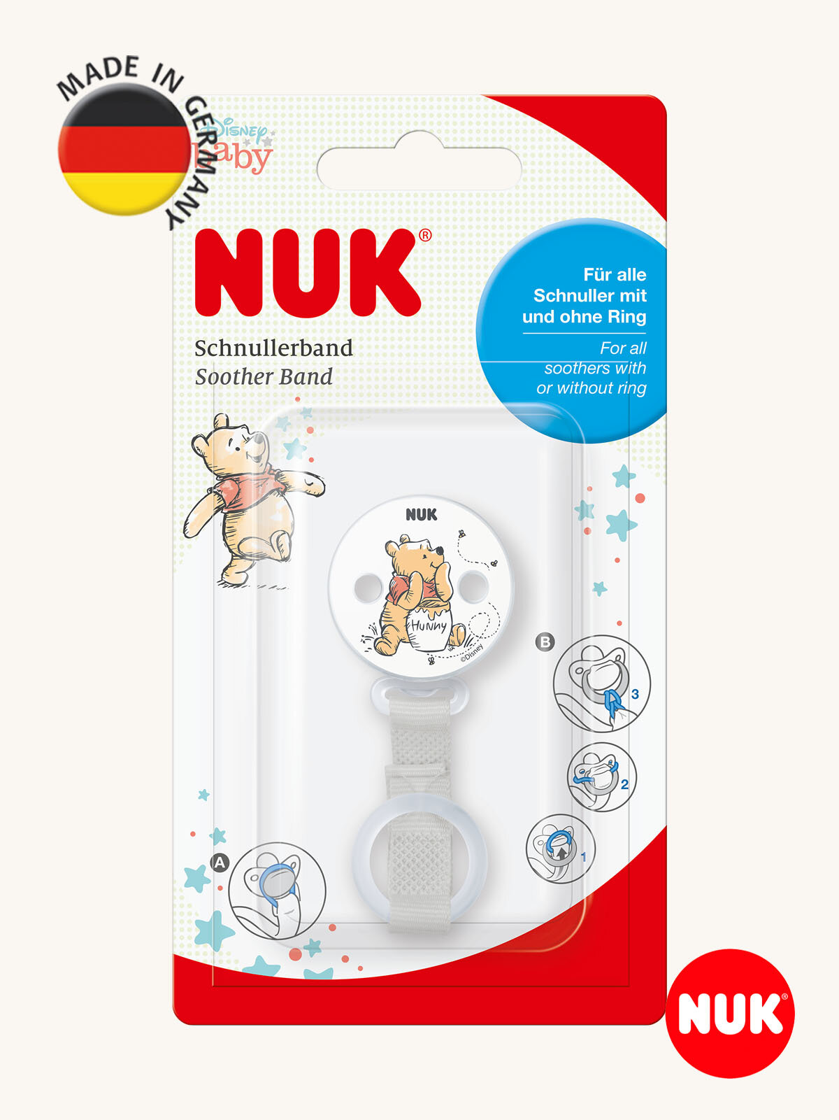 Клипса(держатель) для соски-пустышки с ленточка, Винни Пух белая — фото 1