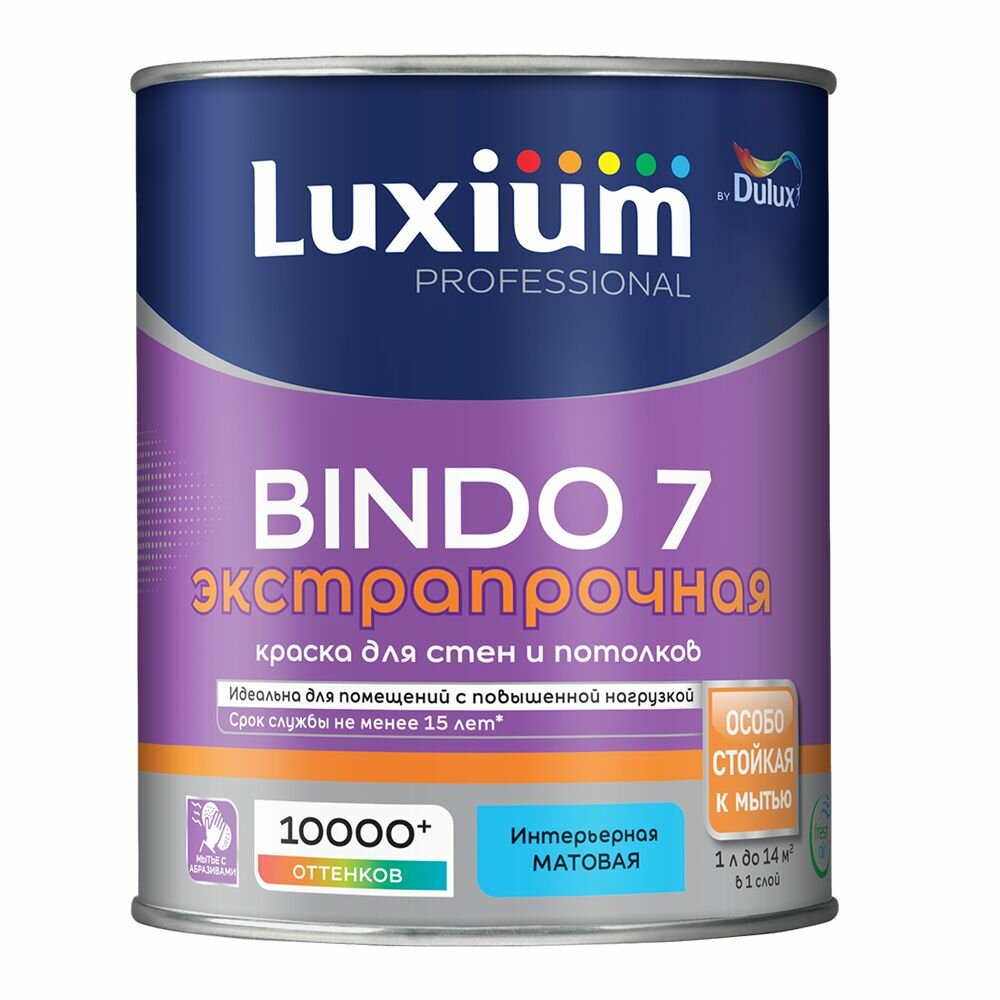 Luxium (dulux) bindo 7 / люксиум биндо 7 экстрапрочная краска для стен и потолков матовая база bc прозрачная 09л