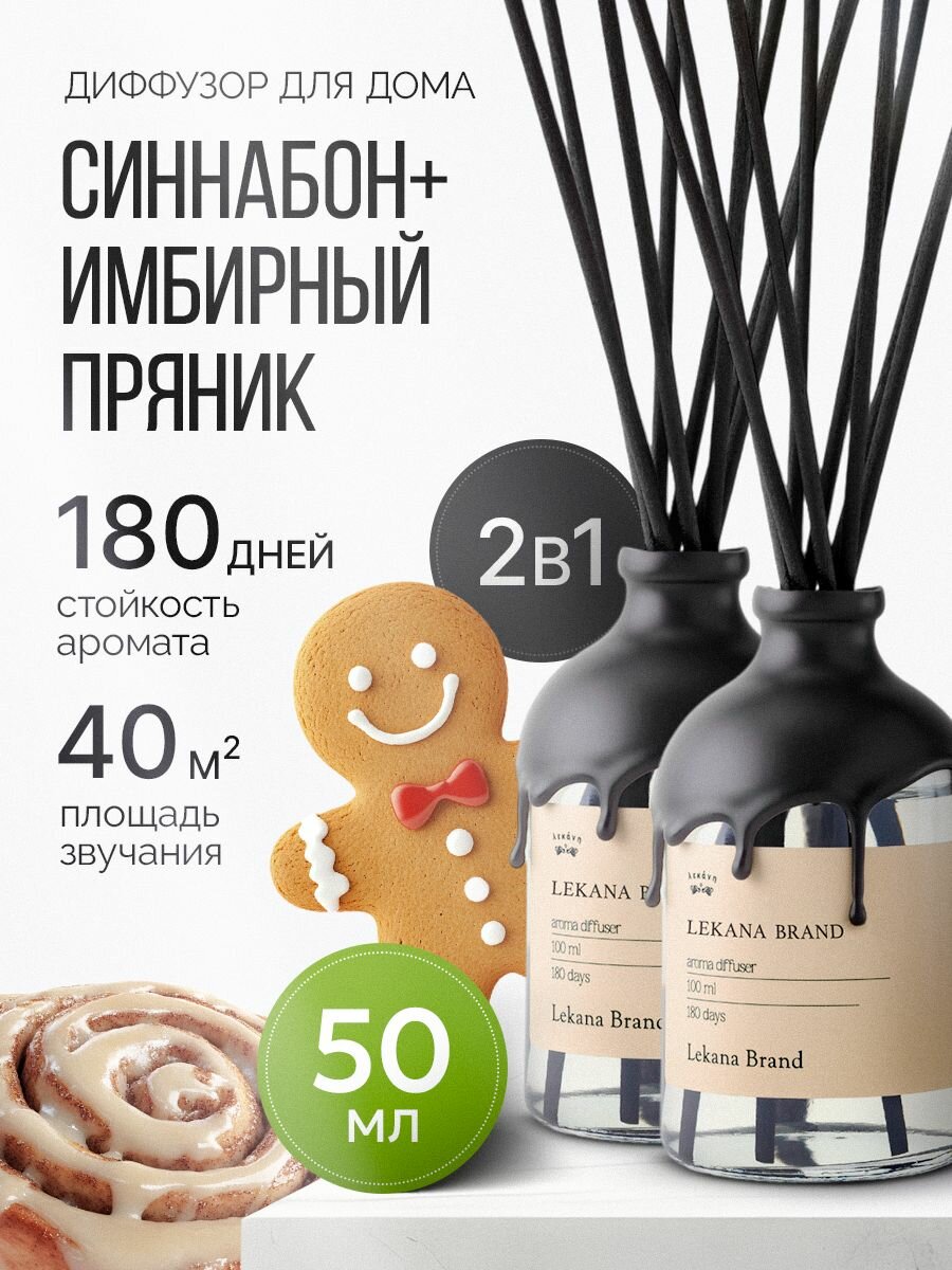 Диффузор для дома с палочками/Синнабон + Пряник набор 2 шт. по 50 мл.