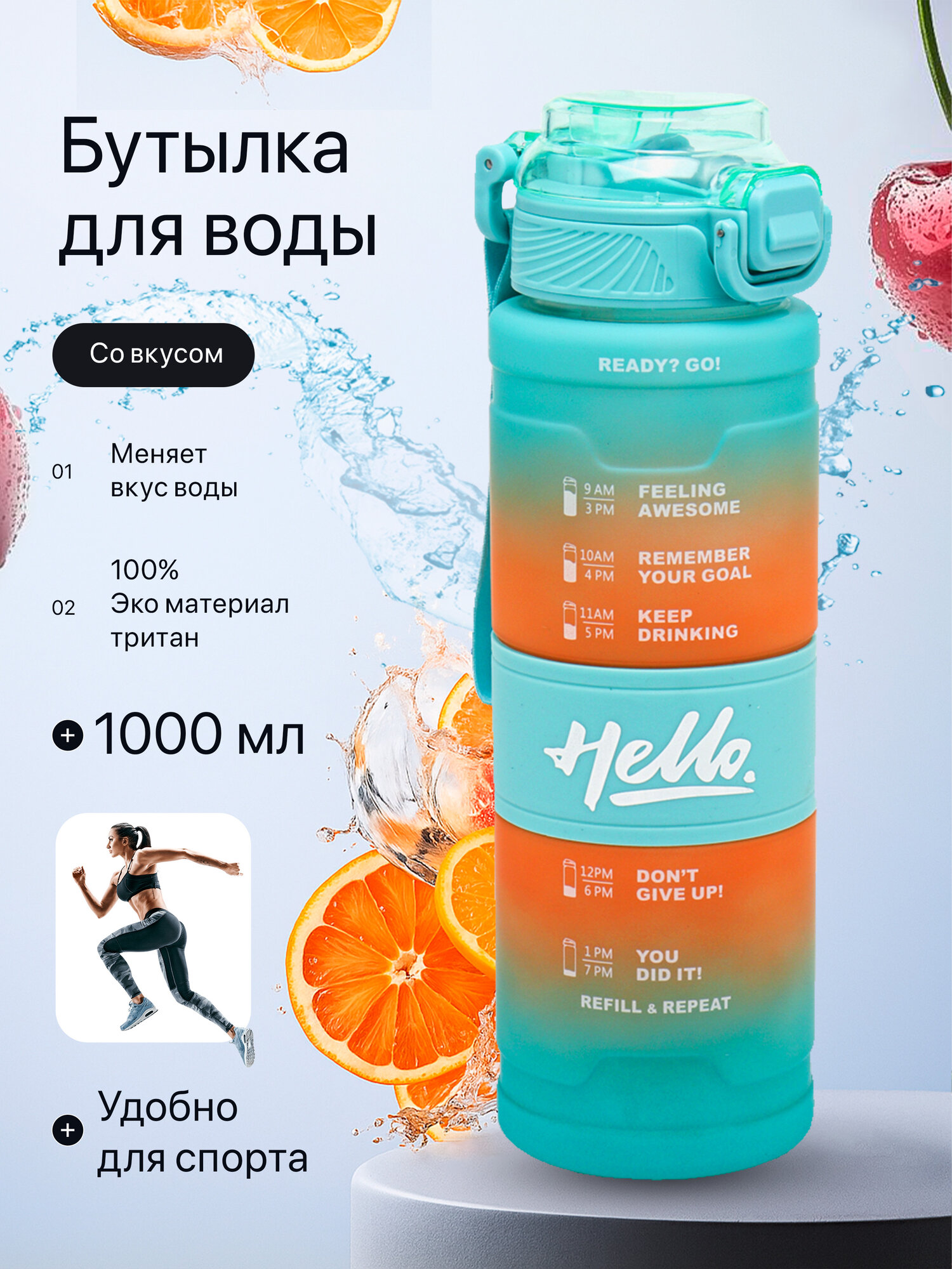 Спортивная бутылка для воды, 1 л, многоразовая, для фитнеса и тренировок