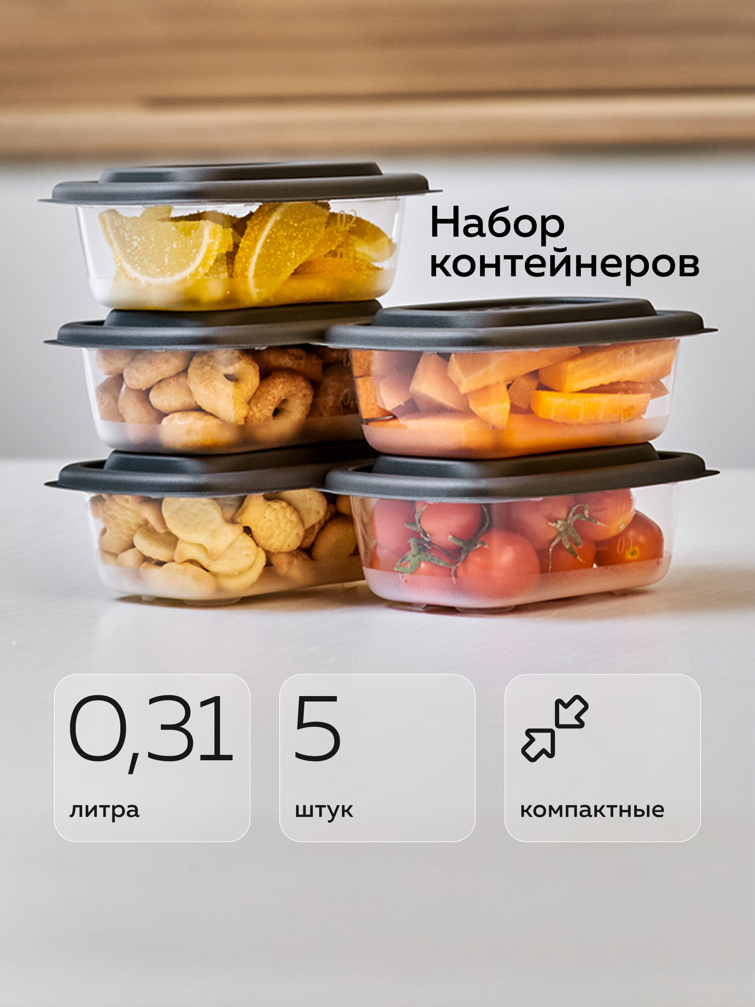 Набор контейнеров «Гурман», Альт-Пласт, графит, 0,31лх5 (5шт)