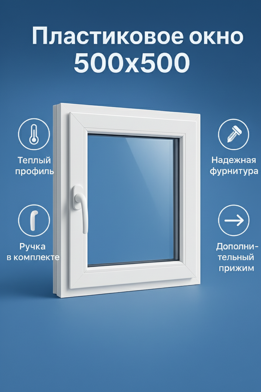 Пластиковое окно размер 500 х 500 ПВХ белое однокамерное с поворотной створкой правое