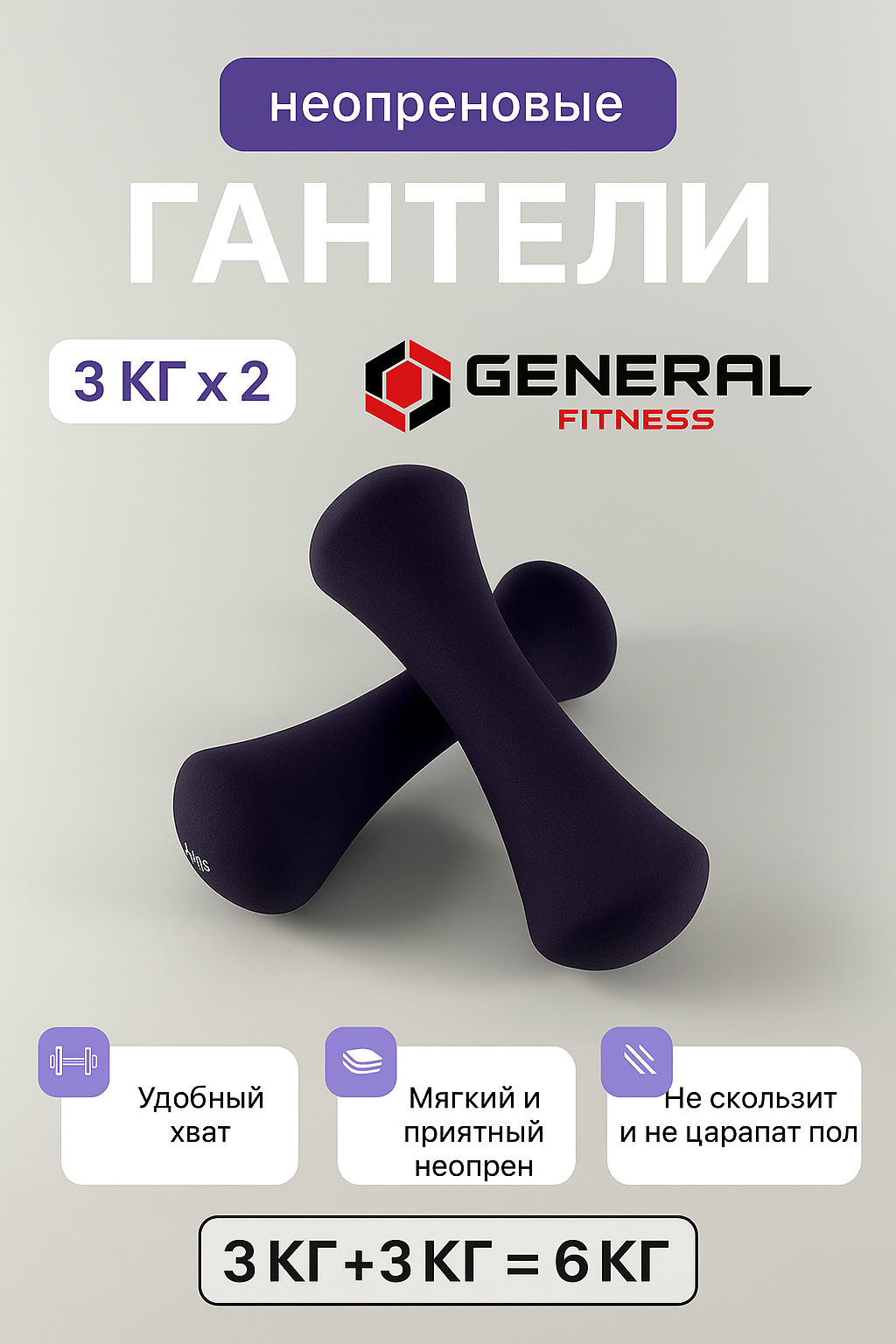 Гантели General Fitness 1–3 кг, пара – для дома, фитнеса и спортзала