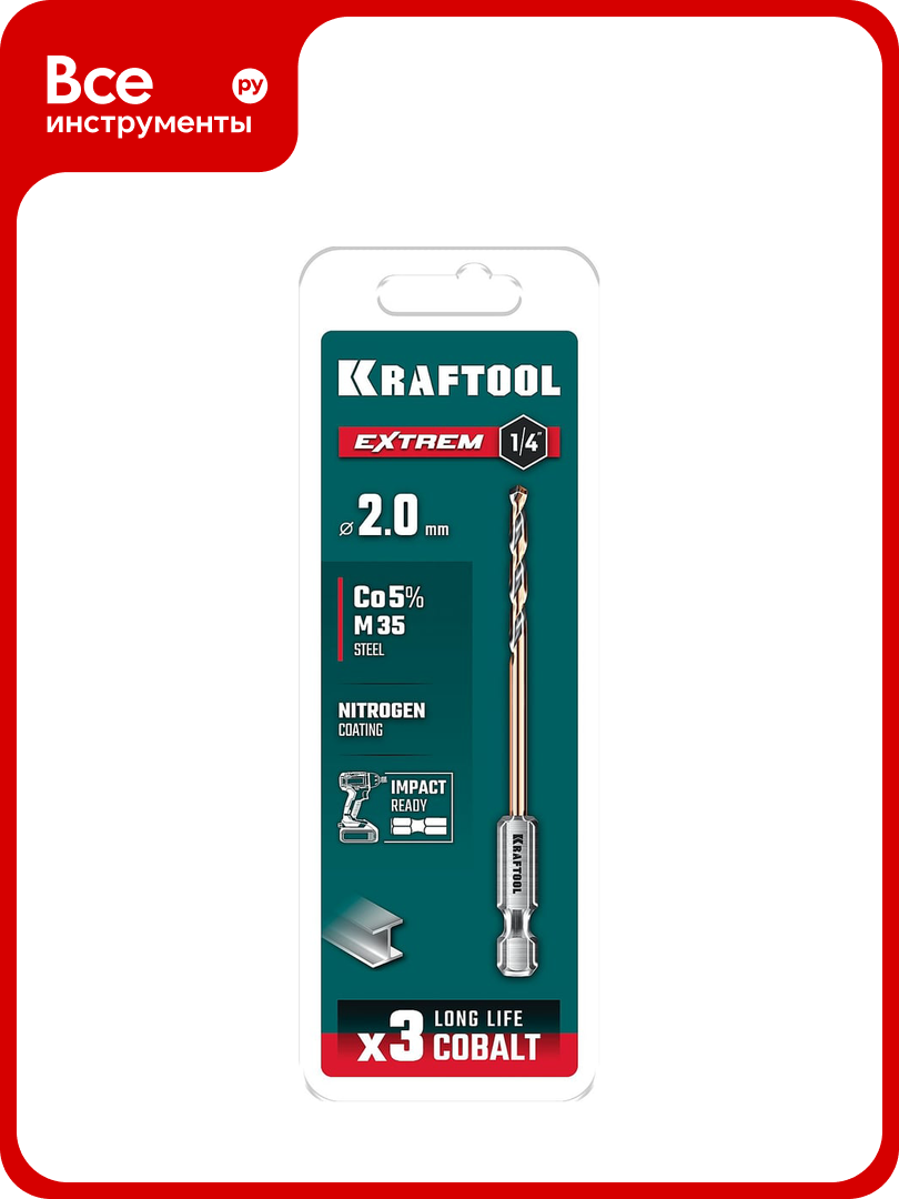 Сверло по металлу для винтовертов и шуруповертов KRAFTOOL Impact Ready НЕХ 1 4  2 0x60 мм 29652 2