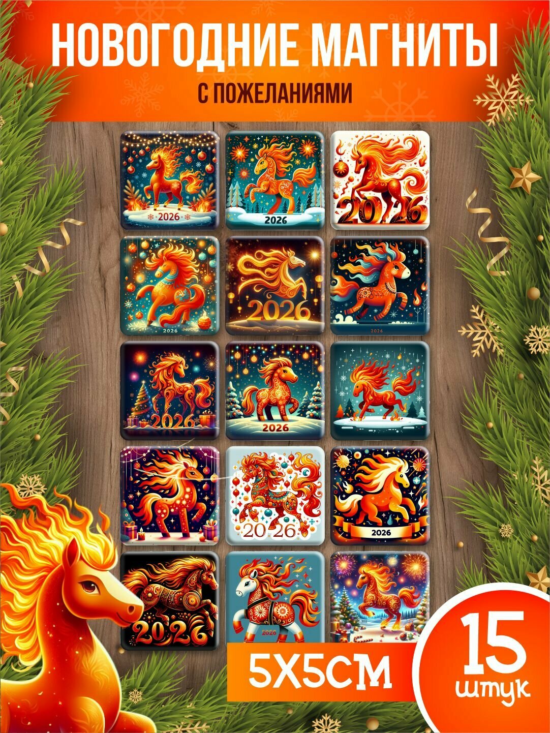 Набор Новогодних Магнитов "Год Лошади 2026", подарок на Новый год