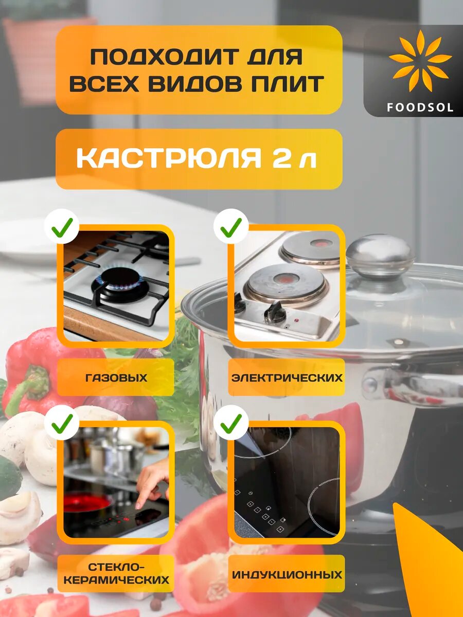 Кастрюля из нержавеющей стали со стеклянной крышкой 2 л — фото 1