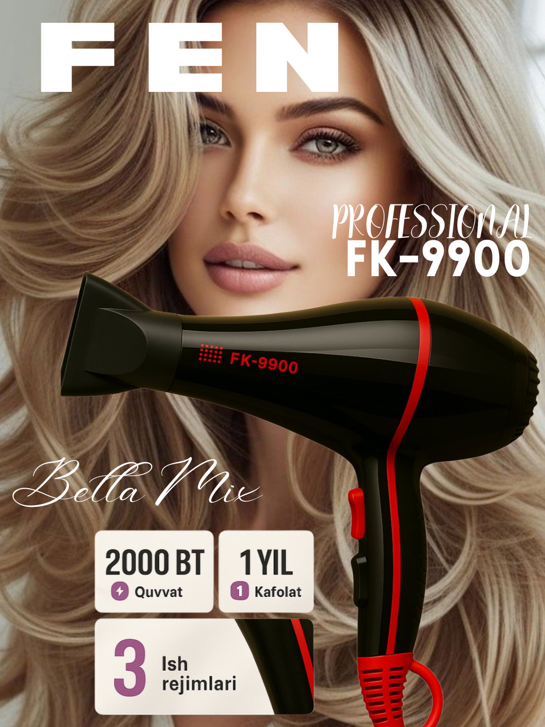 Профессиональный фен Fakang FK-9900 с ионизацией для сушки и укладки волос 2000 Вт