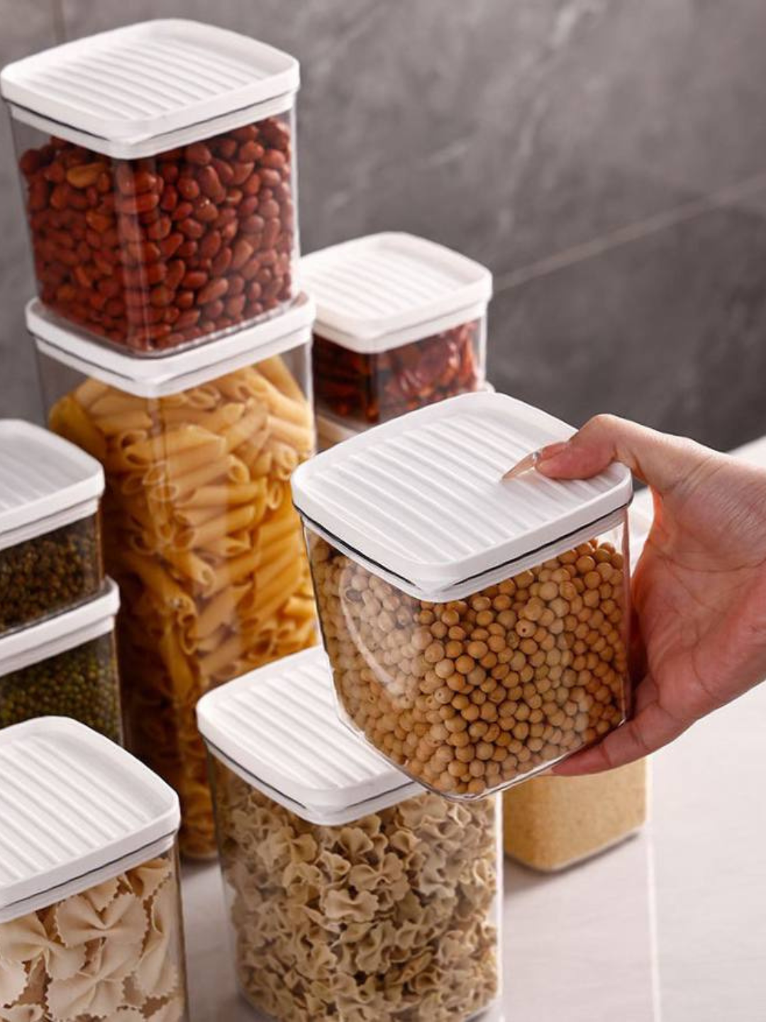 Don mahsulotlari uchun idish — qopqoqli konteyner, lavanda rang, dumaloq va to‘rtburchak