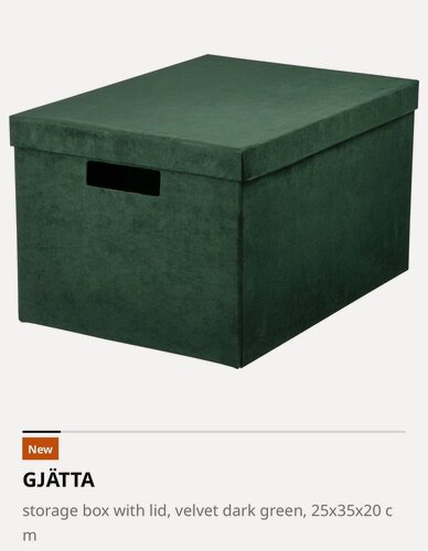 Изображение товара Коробка для хранения GJÄTTA IKEA с крышкой, бархат темно-зеленого цвета, 25x35x20 см.
