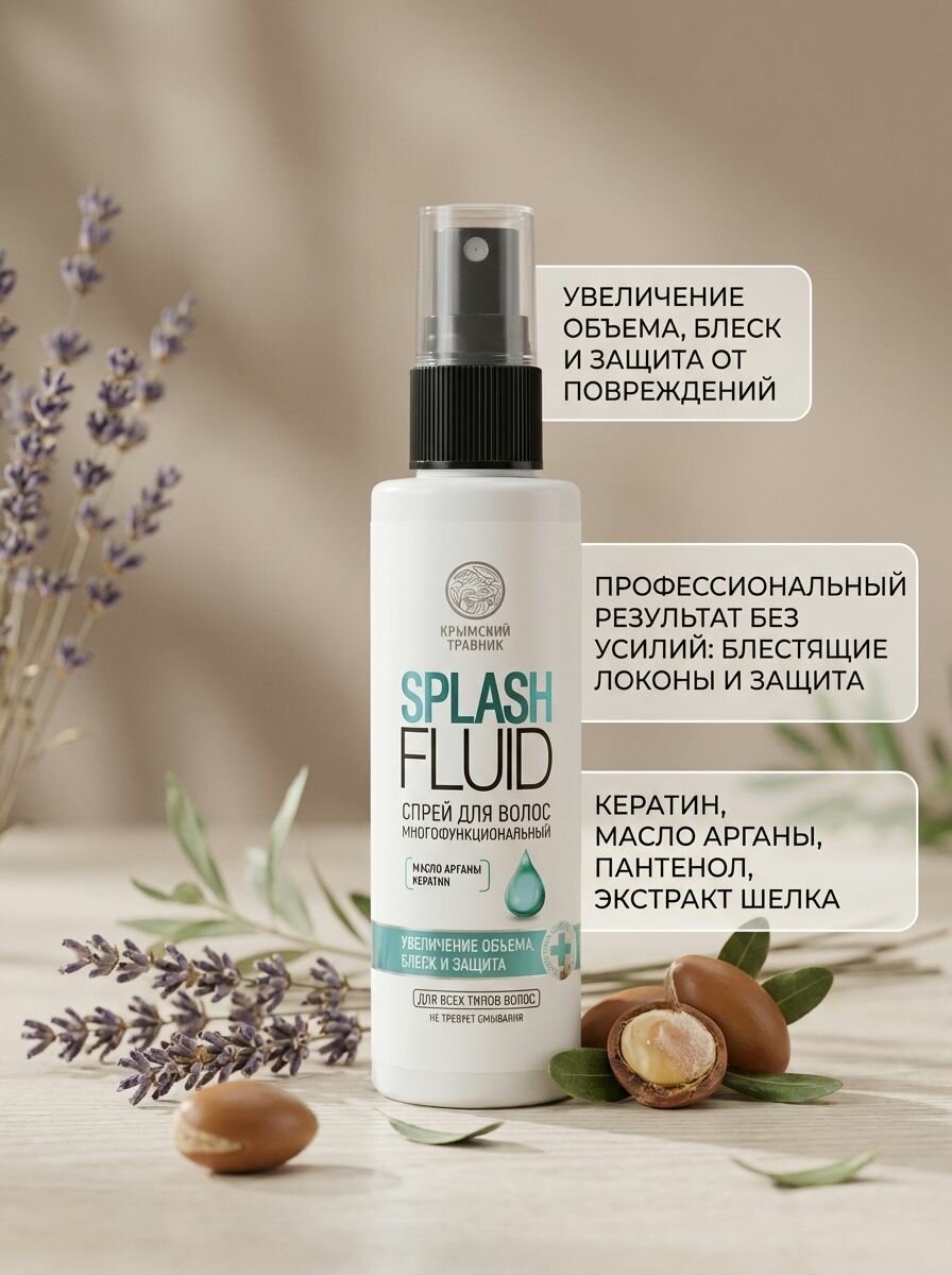 Сплэш-флюид многофункциональный спрей для волос с кератином и маслом арганы, несмываемый, 150 мл