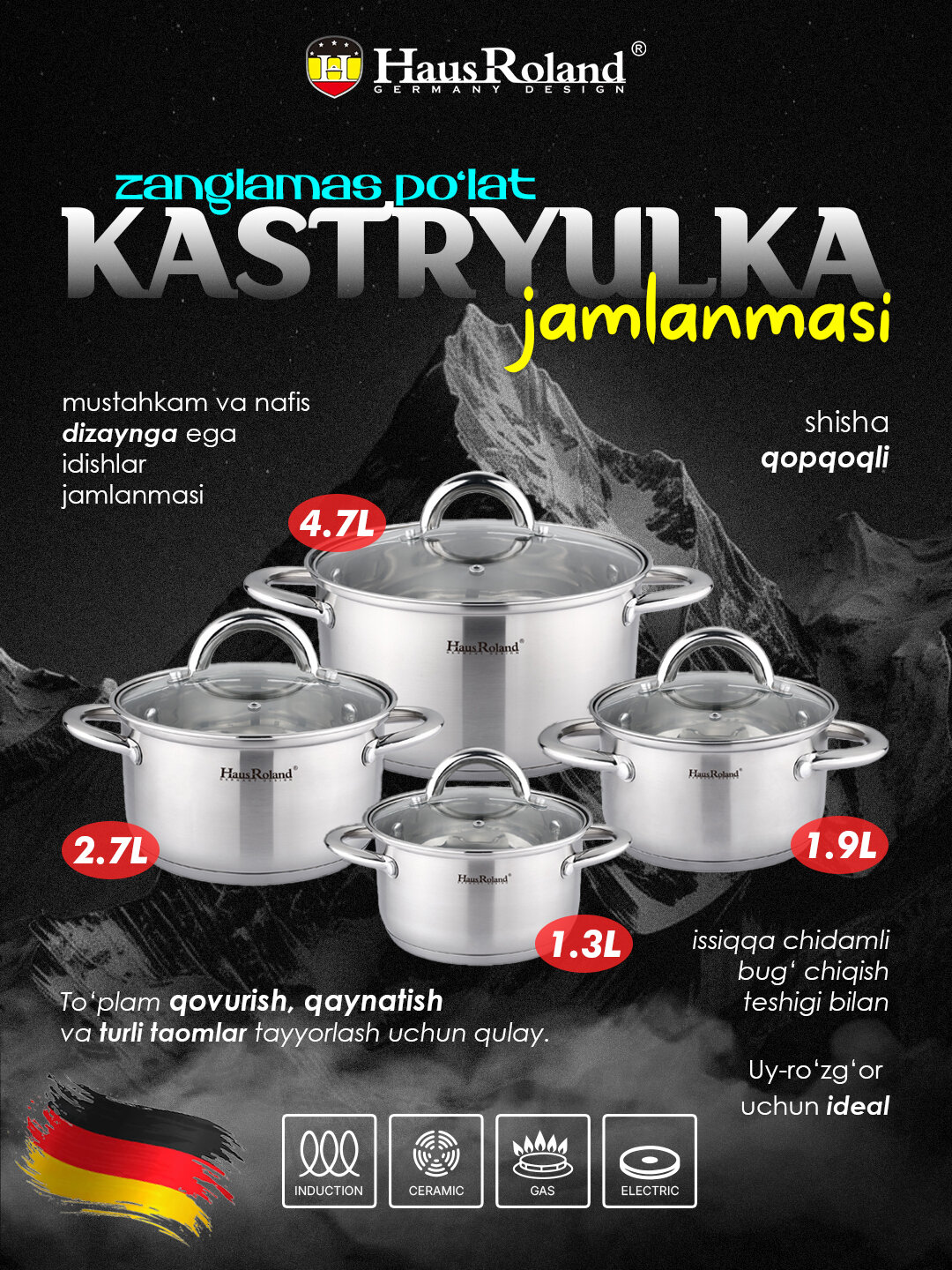 Набор кастрюль Haus Roland из нержавеющей стали, 1.3 / 1.9 / 2.7 / 4.7 л