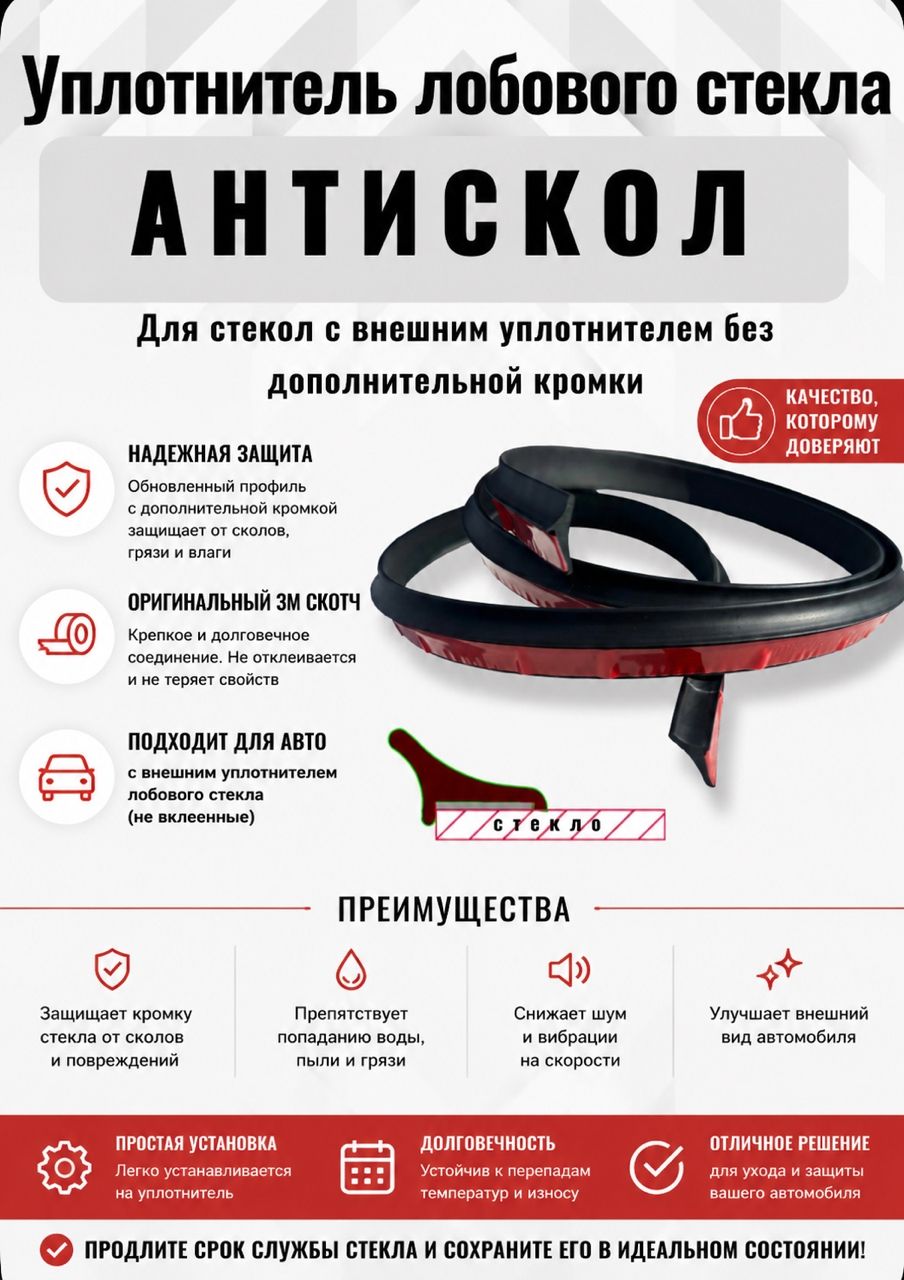 Уплотнитель лобового стекла антискол без дополнительной кромки