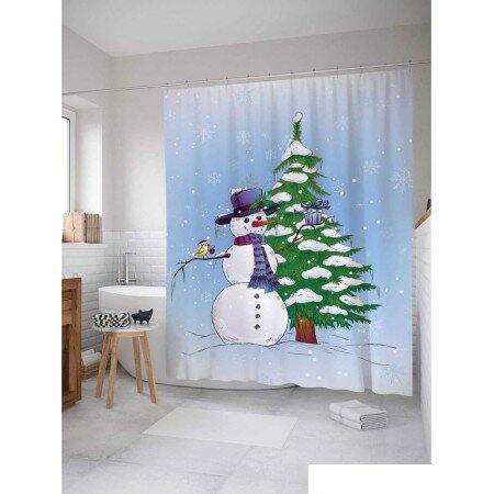Шторка-занавеска для ванны JoyArty Приветливый снеговик sc_19386 полиэстер кольца в комплекте 200х180 см