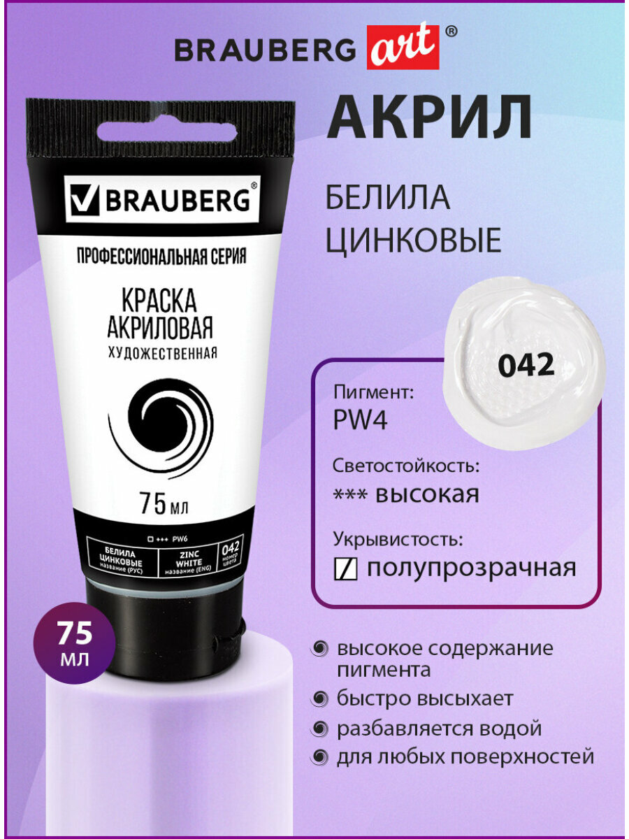 Акриловые краски художественные белые, белила цинковые, акрил для рисования по холсту, дереву по 75 мл в тюбике, Brauberg Art Classic, 191587