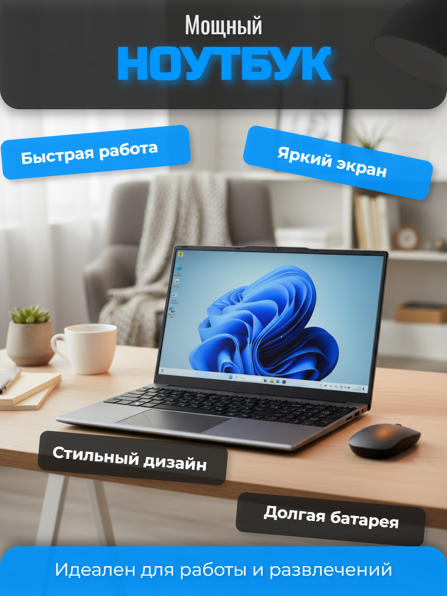 Ноутбук для учебы и работы, Intel N5095, 16ГБ RAM, SSD 512ГБ, IPS экран, Windows 11