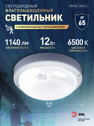 Светильник потолочный светодиодный ЖКХ ЭРА SPB-201 12Вт 1140лм 6500К с ИК датчиком движения, влагозащищенный