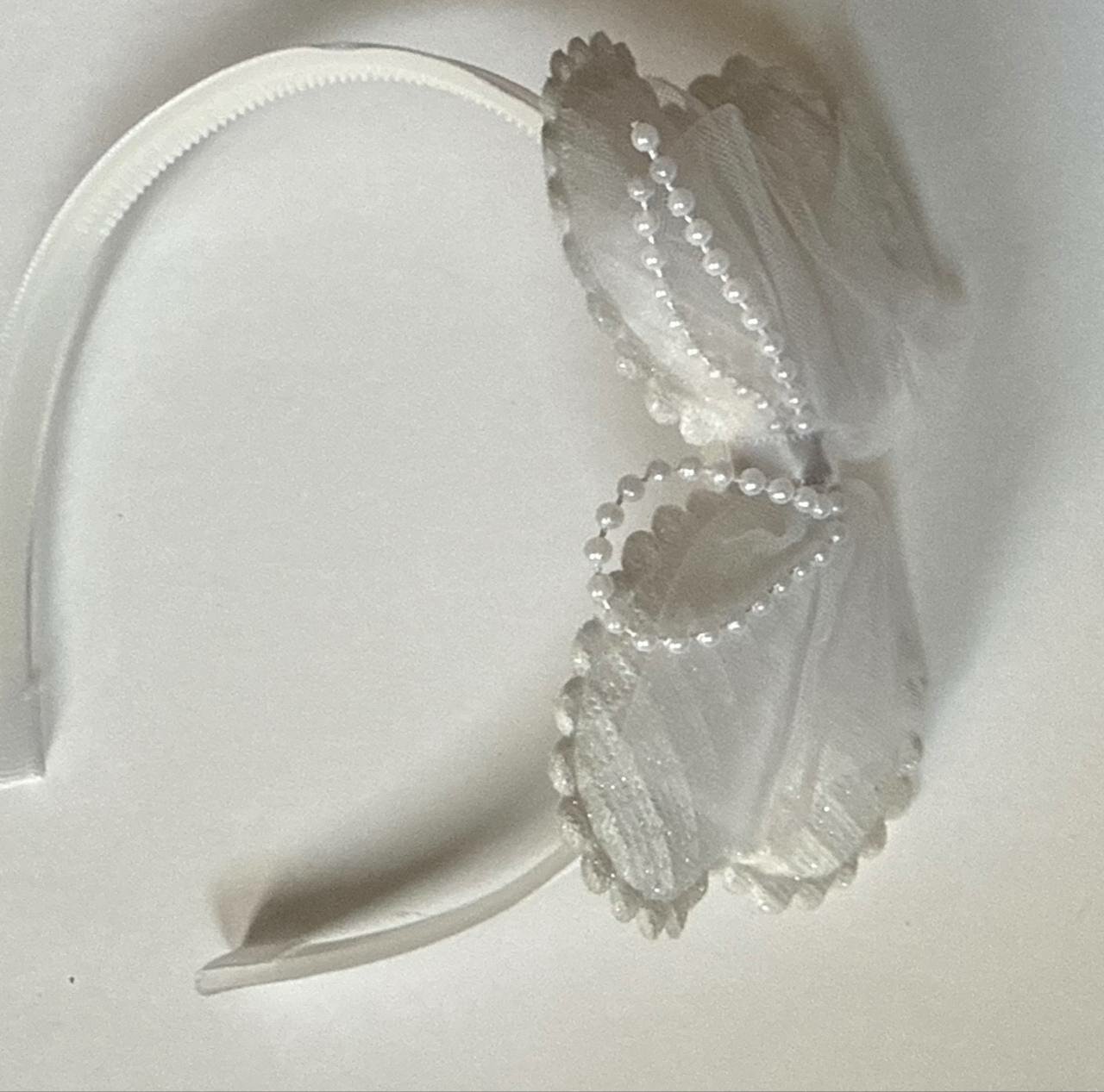 Ободок, для девочек, пластик, с бантом и стразами, 1 шт, белый