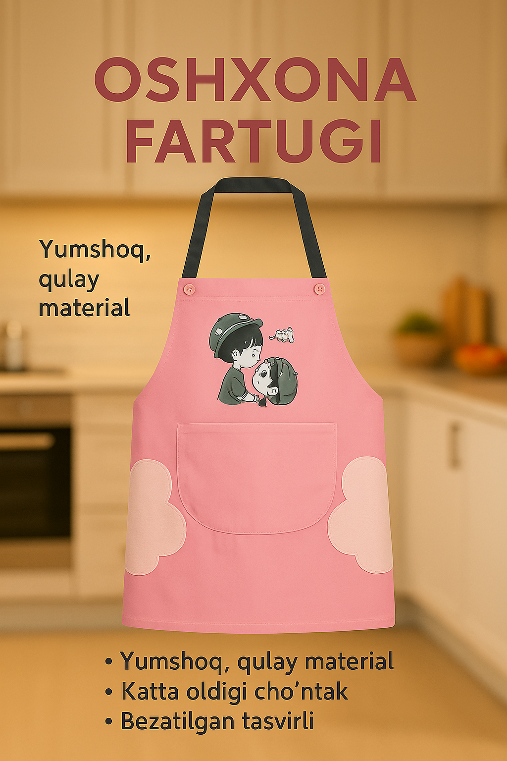 Фартук кухонный для ежедневной готовки, практичный, с регулируемой лямкой и карманом