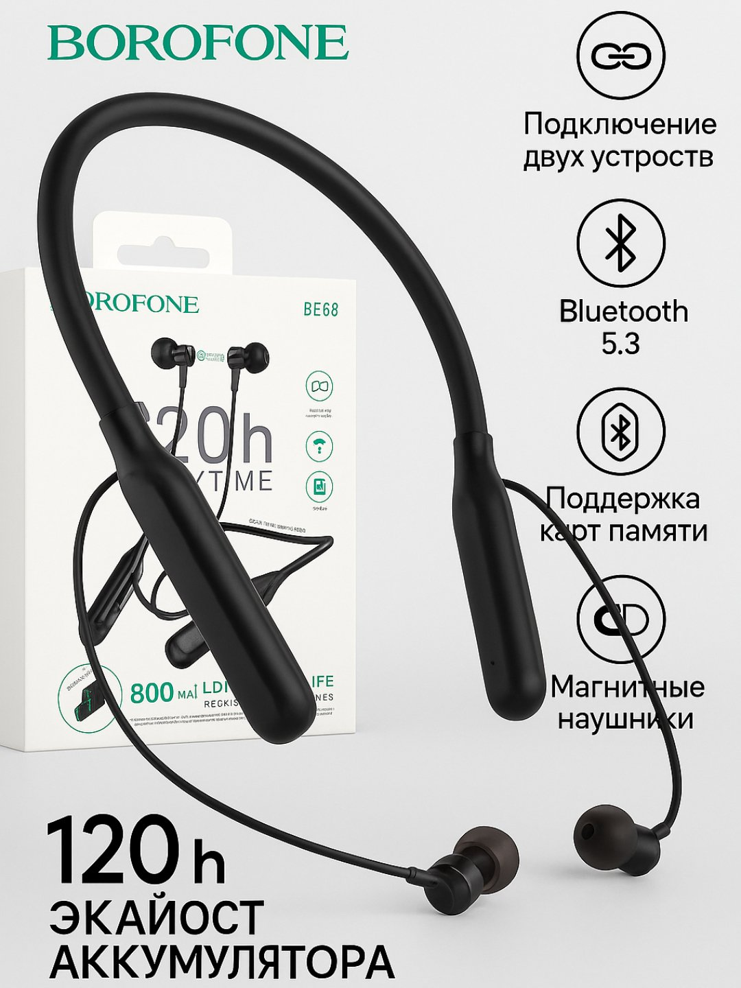 BOROFONE BE68 Беспроводные Наушники Neckband | До 120 ч Автономной Работы | Bluetooth 5.3 | Магнитные