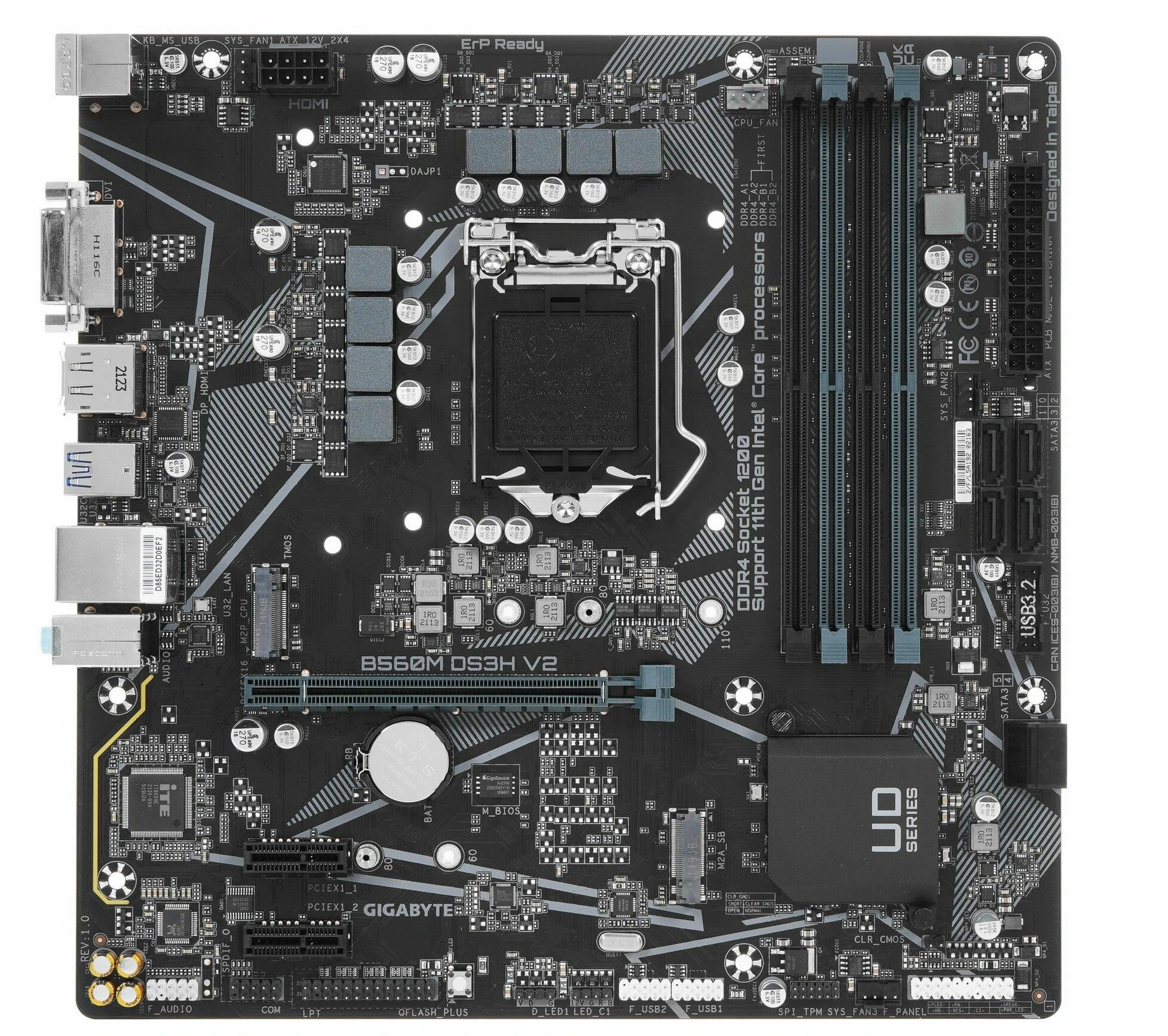 Материнская плата GIGABYTE B560M DS3H V2 (B560M DS3H V2) - LGA 1200, Intel B560, 4хDDR4-3200 Мгц, 2хPCI-Eх16, 2хМ.2, Micro-ATX