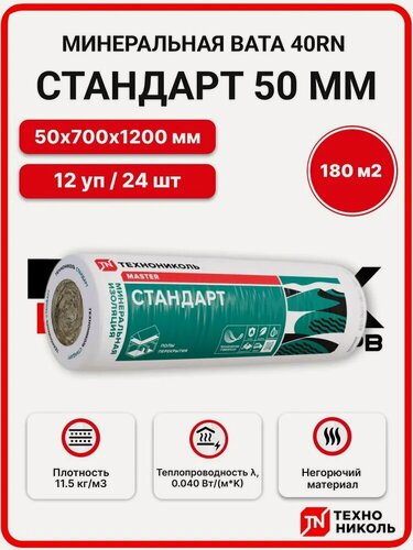 Изображение товара Технониколь 40RN Стандарт 50 мм (12 УП. / 180 м2 / 24 шт) минеральная вата, утеплитель для стен, пола, потолка, кровли