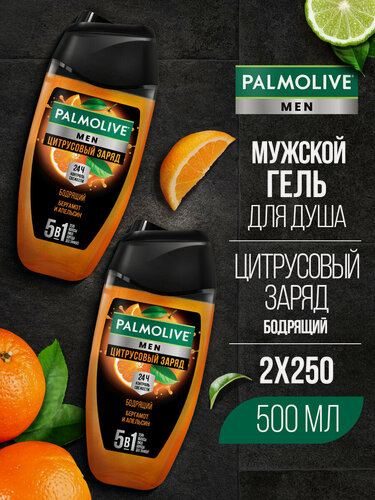 Изображение товара Гель для душа мужской Palmolive Бодрящий Цитрусовый Заряд 5в1 тела, волос и лица, 250 мл (2 шт)
