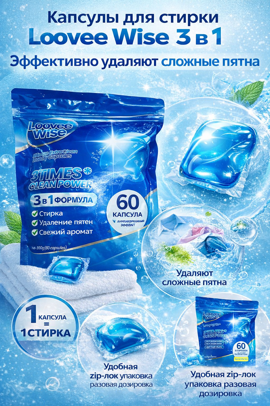 Капсулы для стирки с кондиционером и ароматом парфюма Loovee Wise