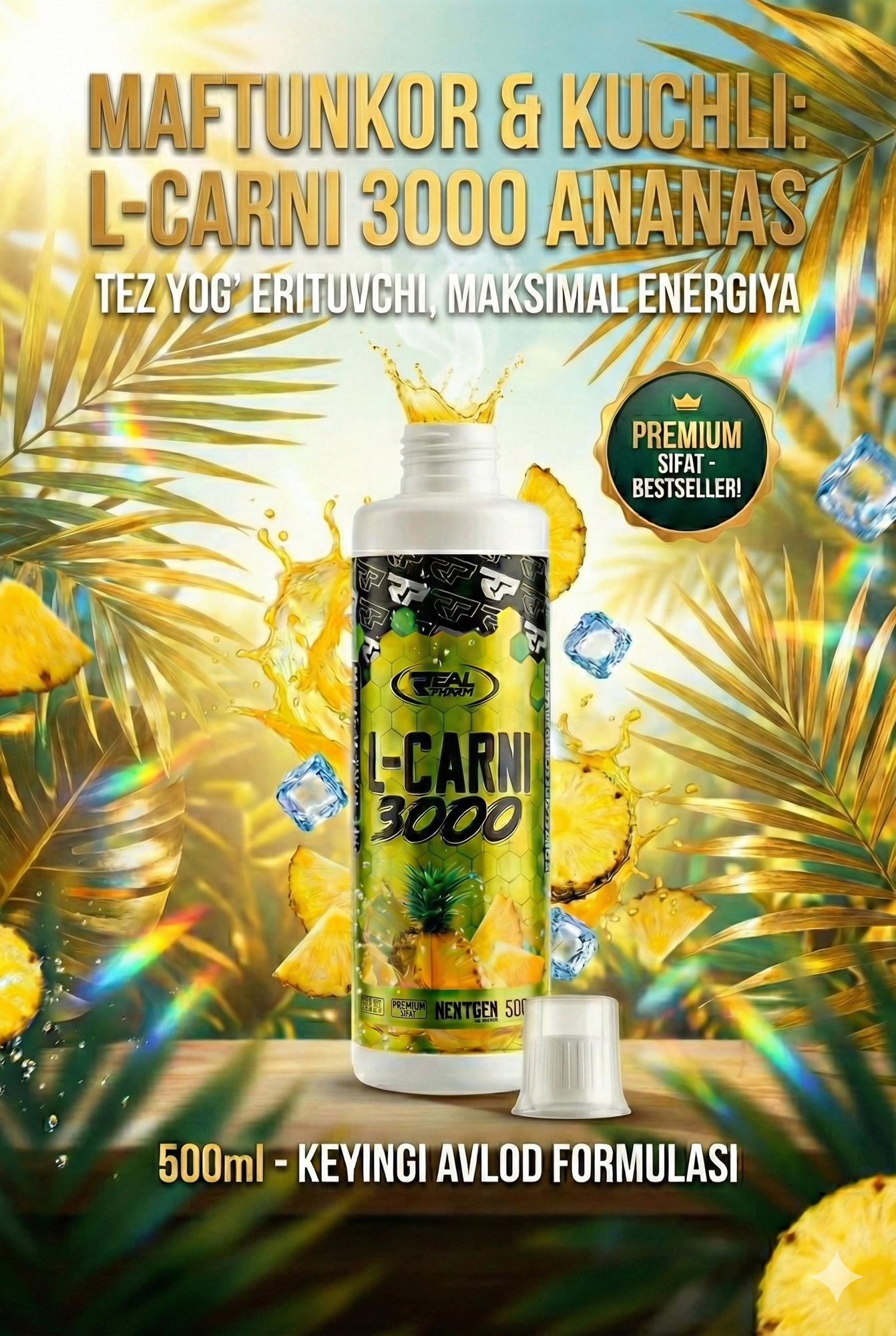 Жиросжигатель Real Pharm L-Carnitine, ананас, 3000 мг, 500мл — фото 1