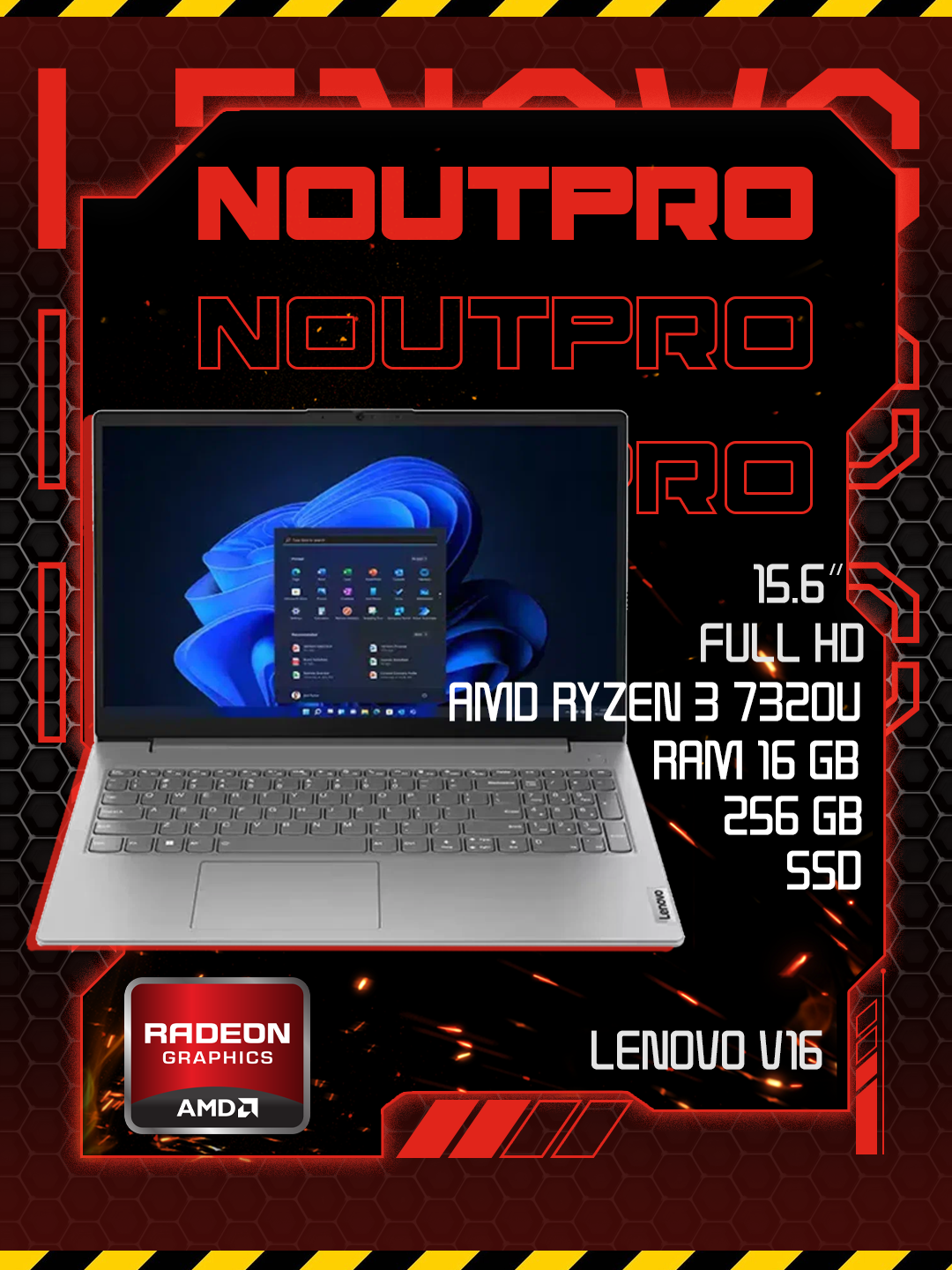 Ноутбук Lenovo V16, AMD Ryzen™ 3 7320U, RAM 16 GB, SSD 256GB,15.6″Full HD