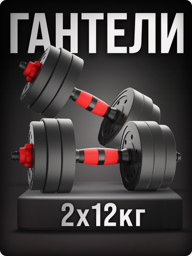 Изображение товара Набор гантелей+штанга, 12кг 2 шт, разборные, круглые, с мягкими ручками, максимальный вес 24 кг
