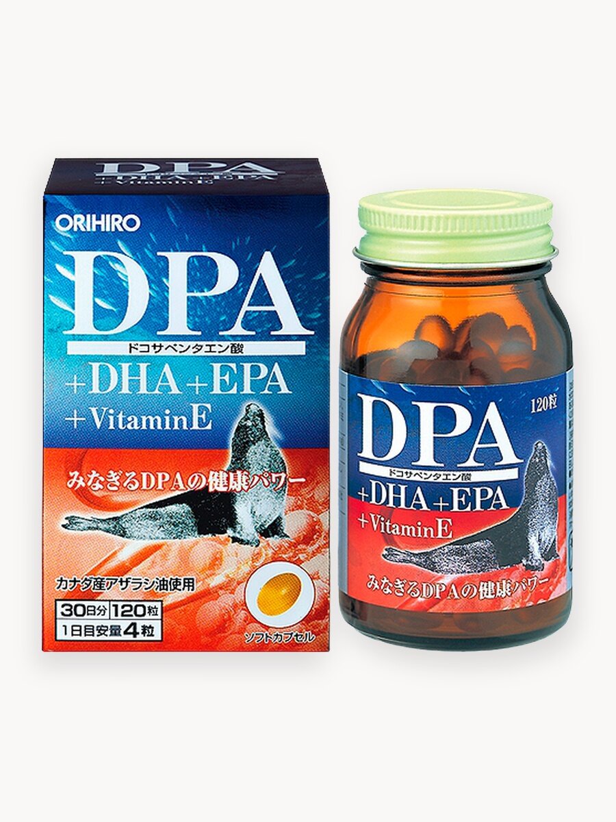 БАД "DPA+DHA+EPA Омега-3 жирные кислоты", 120 капсул, для работы мозга, ORIHIRO Япония