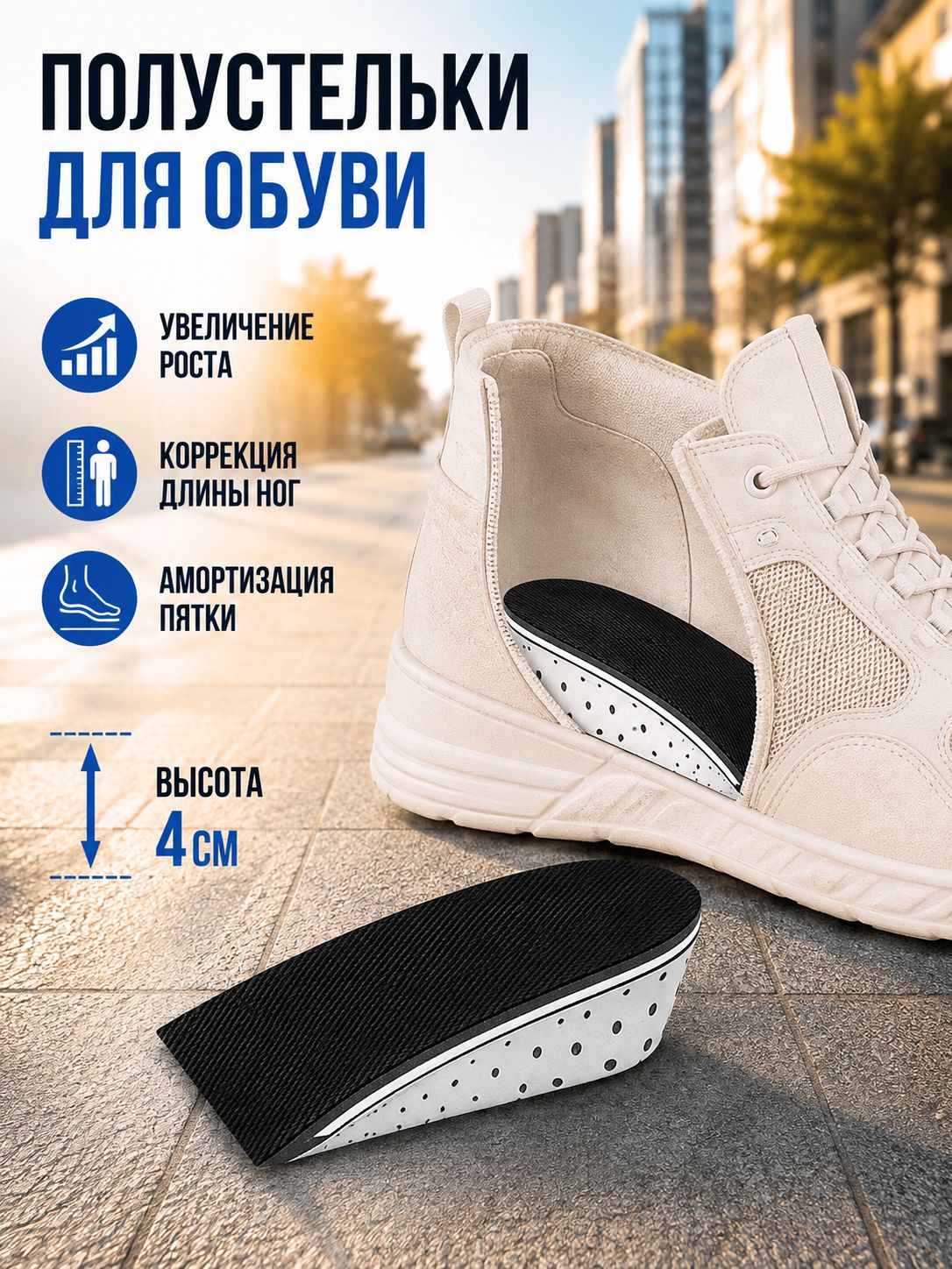 Подпяточники для обуви женские/Полустельки для коррекции длины ног и увеличения роста, высота 4 см, 1 пара