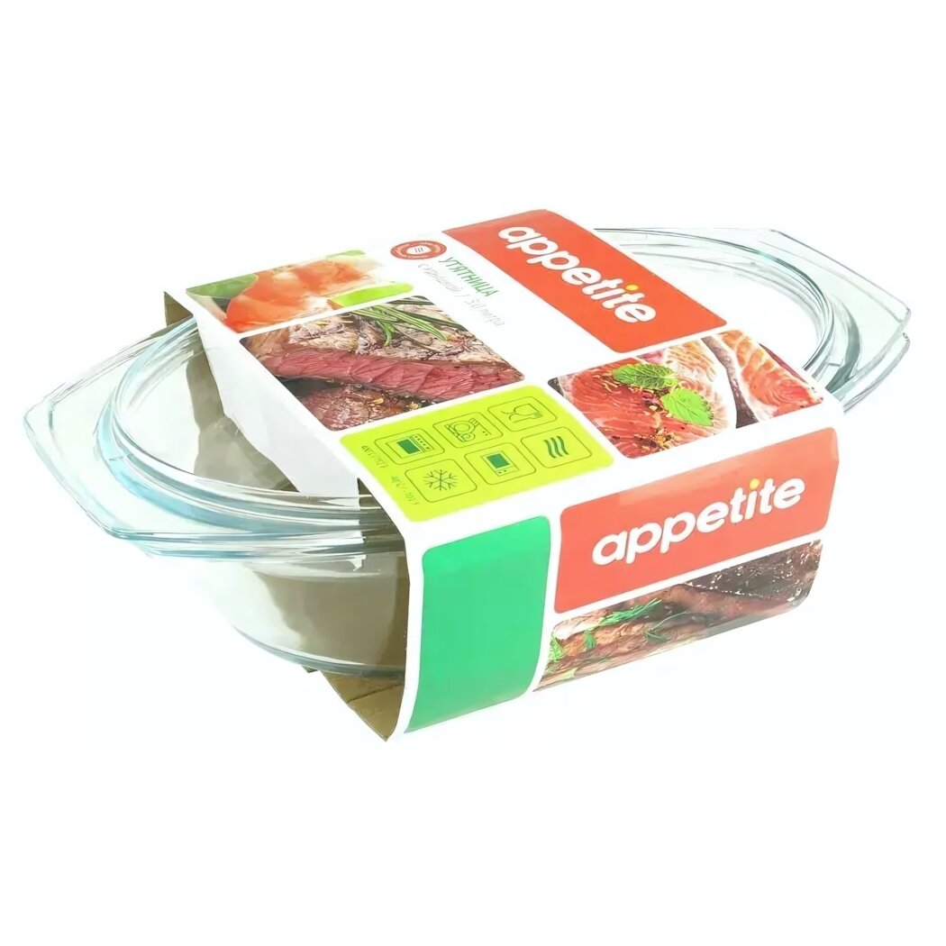 Утятница стеклянная 3л Appetite с крышкой жаропрочная для духовки и хранения