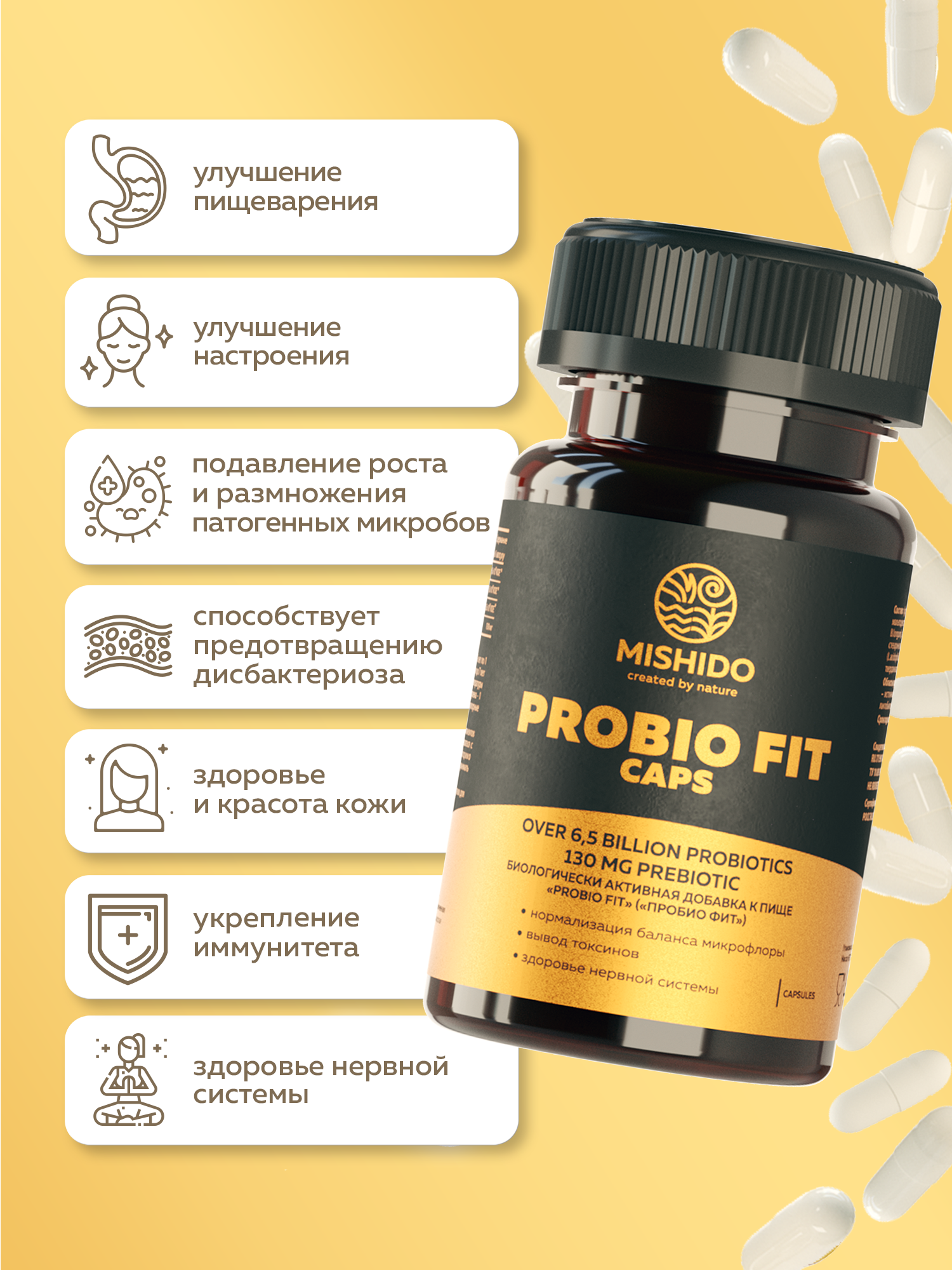 Изображение Пробиотики, пребиотики PROBIO FIT MISHIDO 30 капсул для взрослых и детей лактобактерии бифидобактерии