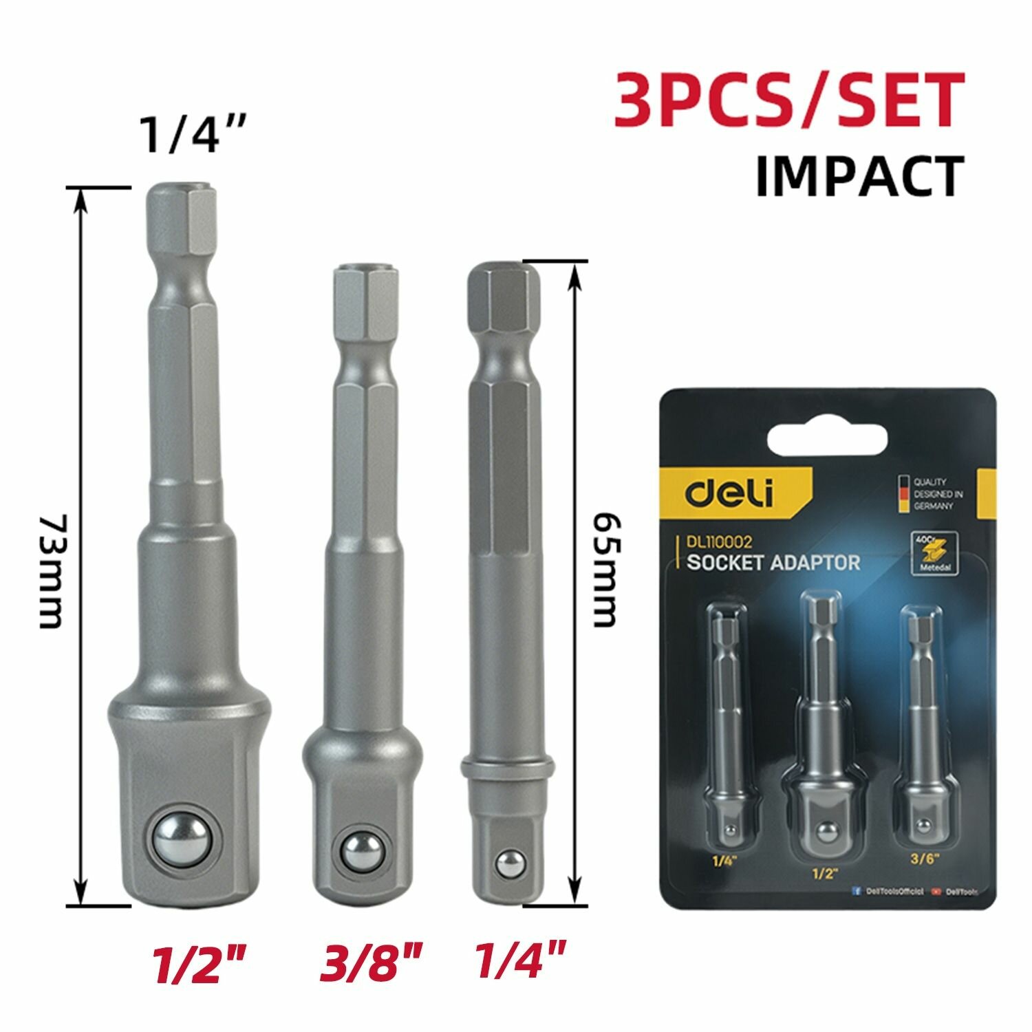 Набор адаптеров для торцевых головок 3шт 1/4 3/8 1/2 дюйма Deli DL110002 сталь Cr-V