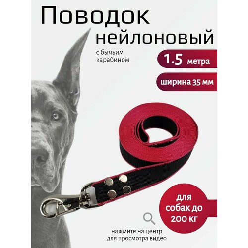 фото Поводок хвостатыч для собак крупных пород с бычьим карабином нейлон 1.5 м х 35 мм (черно-красный)