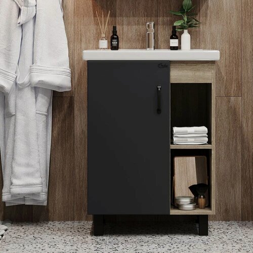 Изображение товара Тумба с раковиной Onika Тимбер 60.01 напольная, 61 см, серая, светлое дерево, матовая, из МДФ, с дверками, раковина для ванной, фарфоровая, прямоугольная, встроенный слив-перелив