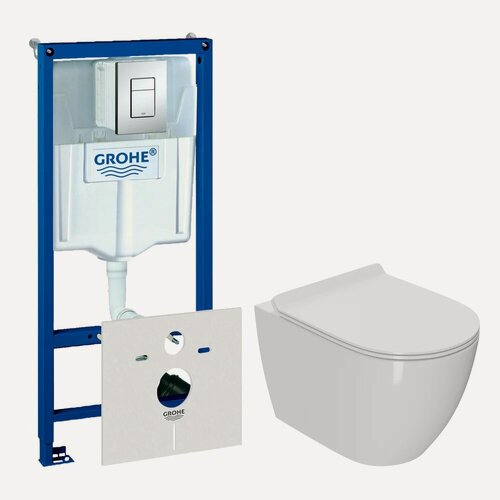 Изображение товара Комплект 2 в 1 Унитаз подвесной Bauedge Bau Ceramics / Инсталляция с кнопкой Grohe Rapid SL 38775001 цвет хром