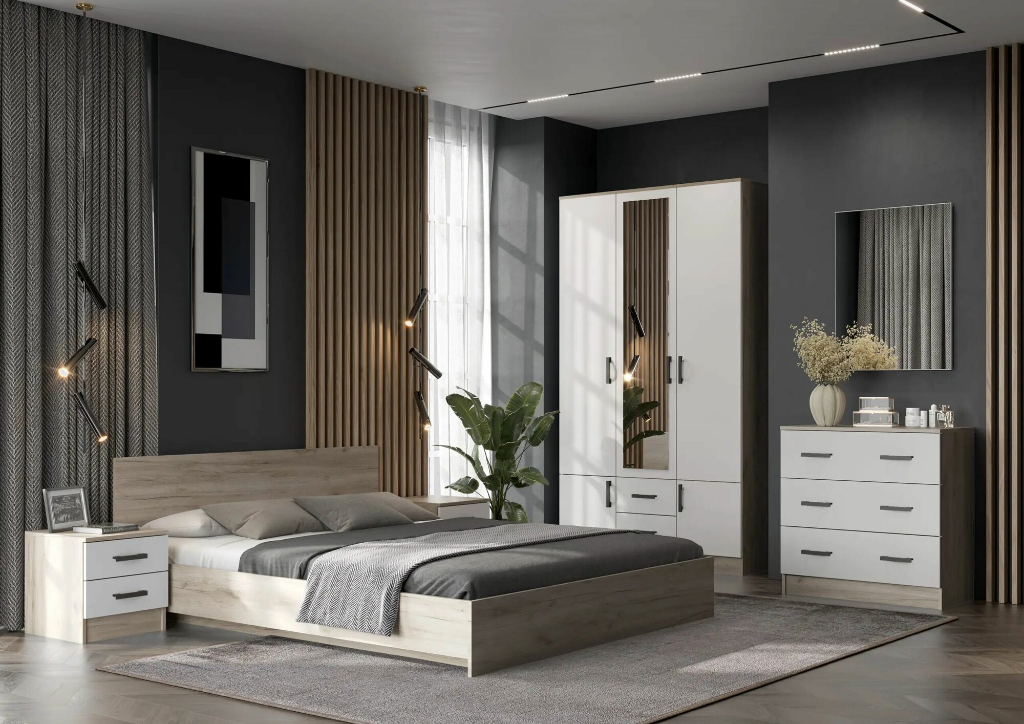 Комплект спальни Ронда 1 дуб крафт серый/белый с кроватью КР-160 (Интерьер-Центр)