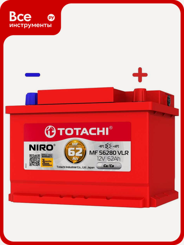 Изображение товара Аккумуляторная батарея TOTACHI NIRO MF VLR LB 62 а/ч низкий корпус, обратная полярность, 12‑вольтный, кальциевый тип
