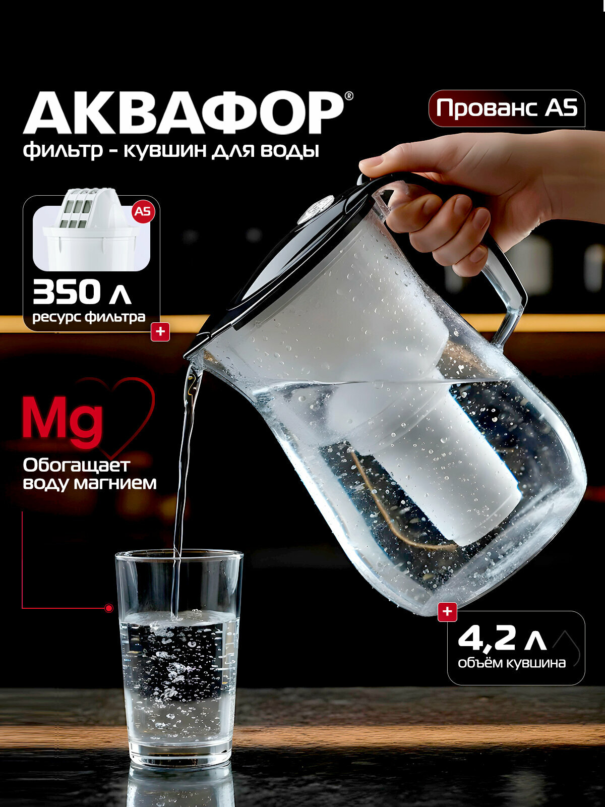 Фильтр - кувшин Аквафор для воды Прованс А5 42л с с индикатором ресурса (черный)