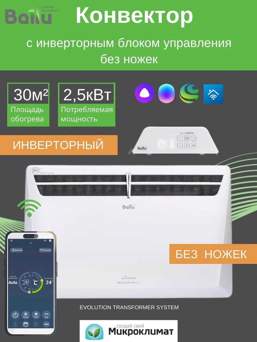 Обогреватель для дома с инверторным блоком и Wi-fi Evolution Transformer BEC/EVU-2500-4I настенный электрический конвектор мощностью 2500Вт