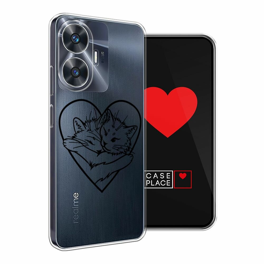 Чехол на Realme C55 / Реалми C55 с принтом "Влюблённые котики рисунок 3 - 14 февраля", прозрачный — фото 1