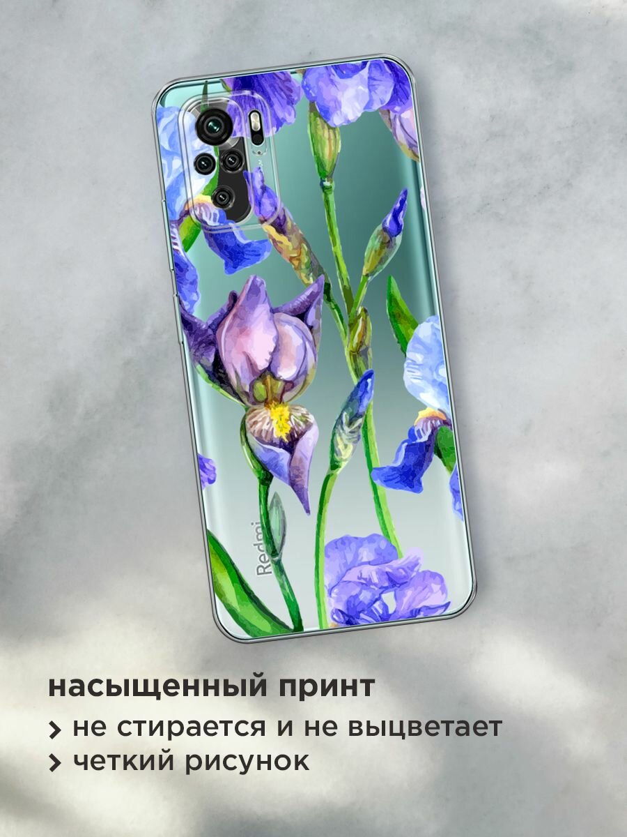 Чехол на Xiaomi Redmi Note 10/Note 10S/Poco M5s / Сяоми Редми Нот 10/Нот 10S с принтом "Синие ирисы", прозрачный — фото 1