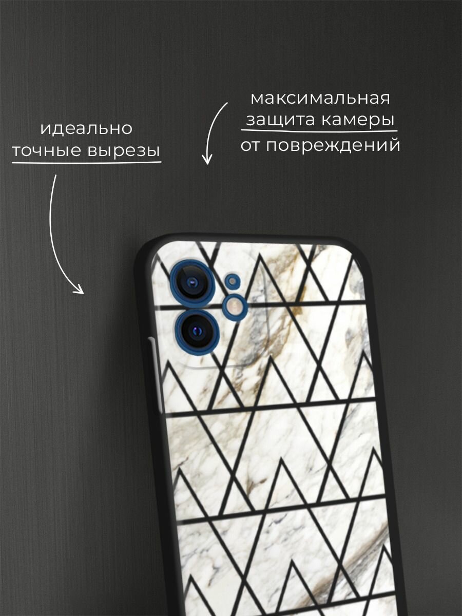 Черный матовый чехол на Apple iPhone 12 mini / Айфон 12 Мини с принтом "Белый мрамор с узорами треугольниками" — фото 1
