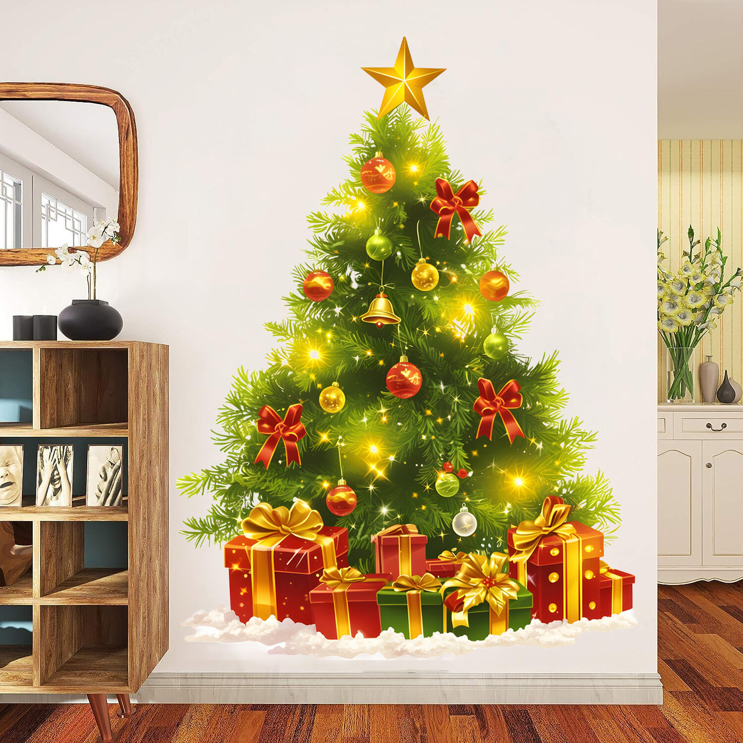 Наклейки на стену с рождественской елкой рождественские обои праздничные настенные наклейки звездочки колокольчики елочные шары снежный декор самоклеящиеся наклейки из ПВХ для гостиной спальни окна новогодней вечеринки праздничного украшен
