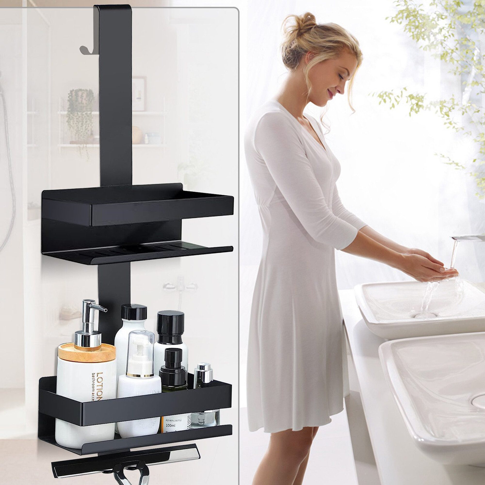 Душевая стойка подвешена на двери c крючком нержавеющая сталь черный.