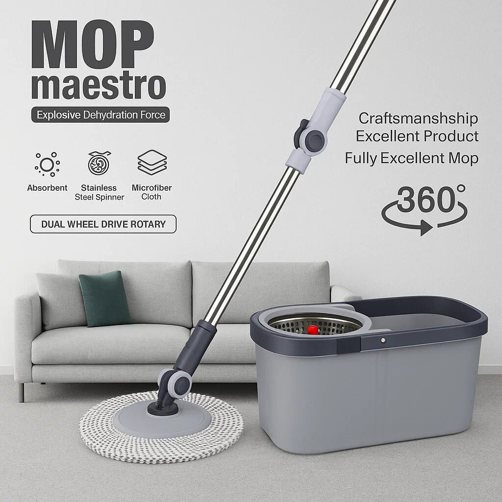 Современный набор для уборки, швабра с ведёрком , отжим и вращение на 360 градусов, 14 л