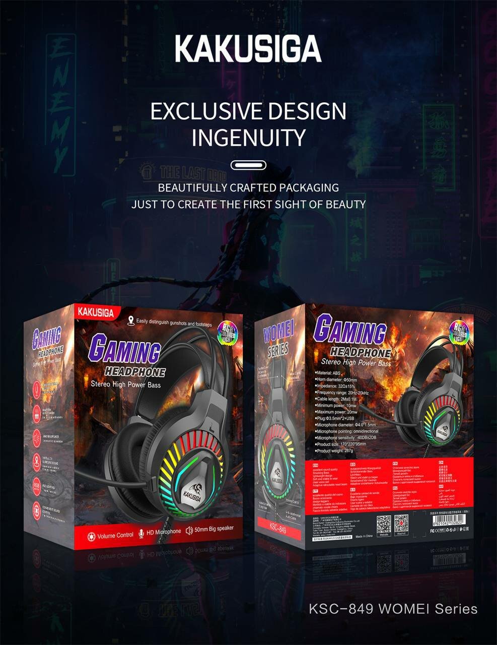 Игровые наушники KAKUSIGA KSC-849 WOMEI Series с RGB-подсветкой, мощным стерео басом и HD-микрофоном