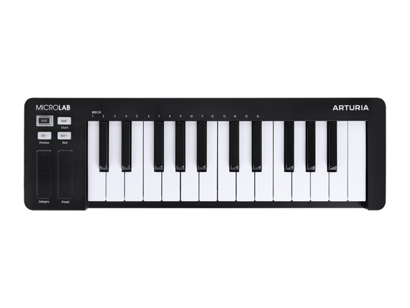 MIDI клавиатура [231512] [MicroLab 3 Black] 25 клавиш, чувствительных к скорости нажатия, сенсорные полосы pitch и modulation, режим игры аккордами, разъем для подключения педали, type-c, по: Analog Lab Intro, Ableton Live Lite. цвет - черный. Mic